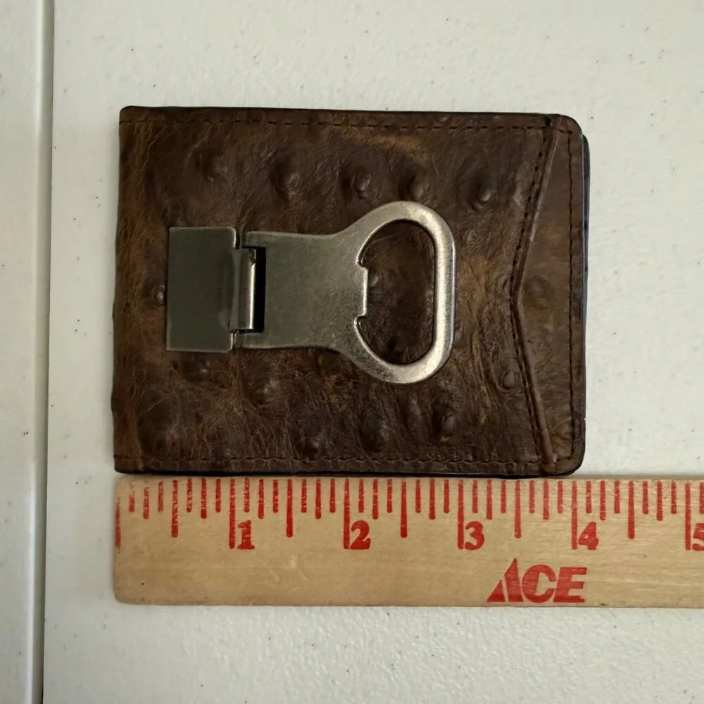Nocona Men's Bi-Fold Wallet Bottle Opener Clip Distressed Ostrich Leather Brown